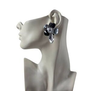1980s Black Clear Rhinestone Clip-On Earrings | Statement 2.12"